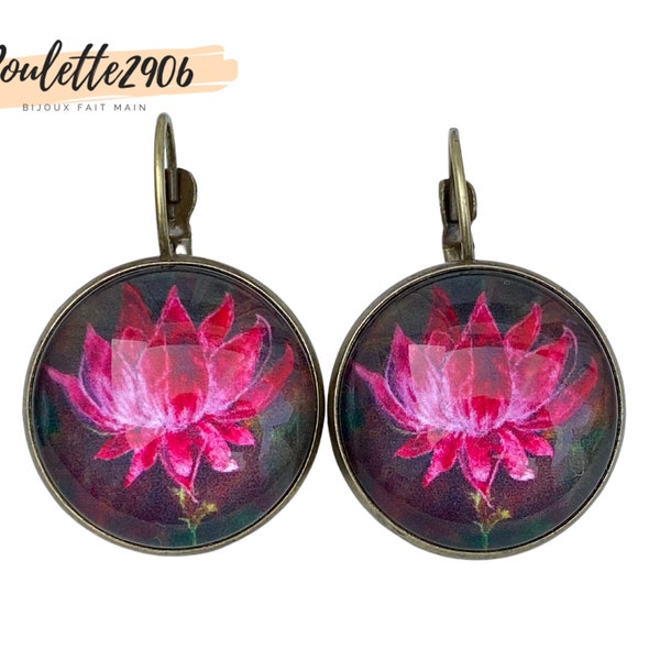 Fleurs et Lotus - Grosse paire de Boucles d'oreilles cabochon verre de 25mm