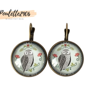 Owl - Bronze sleeper earrings with glass cabochon 20mm