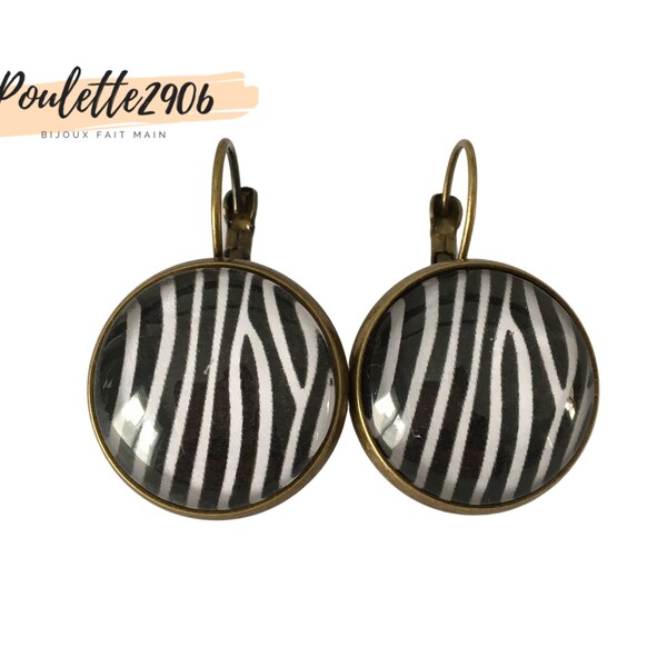 Zèbre - Boucles d'oreilles dormeuses bronze cabochon verre 20mm