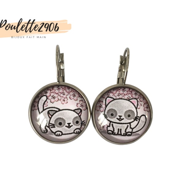 Kawaii Chat - Boucles d'oreilles dormeuses enfants argent cabochon verre 16mm