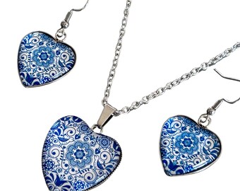 Blue - Silver-colored heart cabochon necklace and earrings set