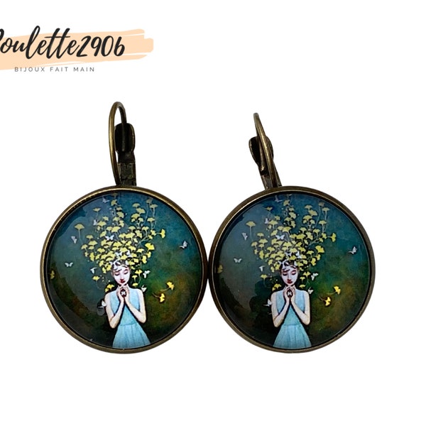 Féerique / Comte de fée / Amour / Coeur - Boucles d'oreilles dormeuses bronze cabochon verre 20mm