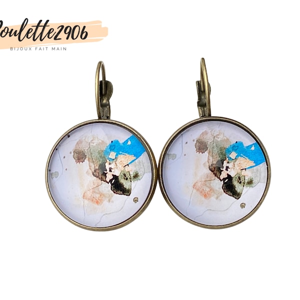 Art Abstrait - Boucles d'oreilles dormeuses bronze cabochon verre 20mm