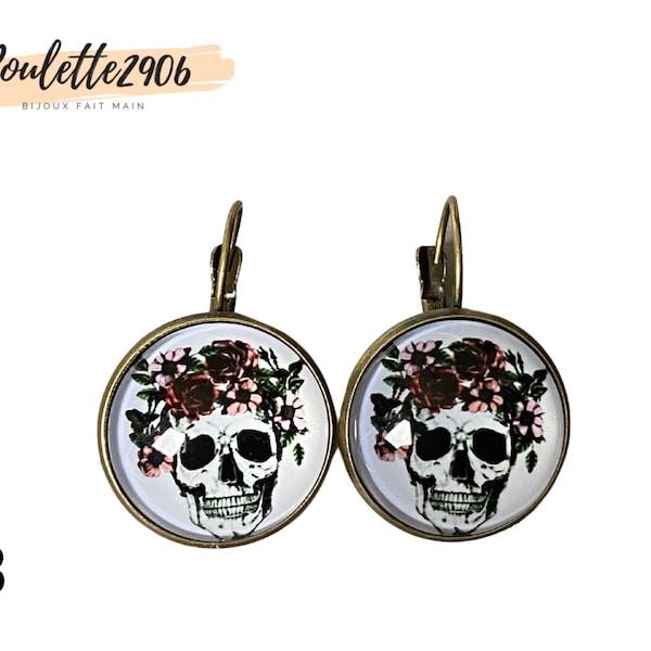 Tête de mort - Boucles d'oreilles dormeuses bronze cabochon verre 20mm