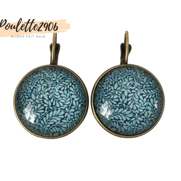 Bleu / fleurs bleues - Boucles d'oreilles dormeuses bronze cabochon verre 20mm