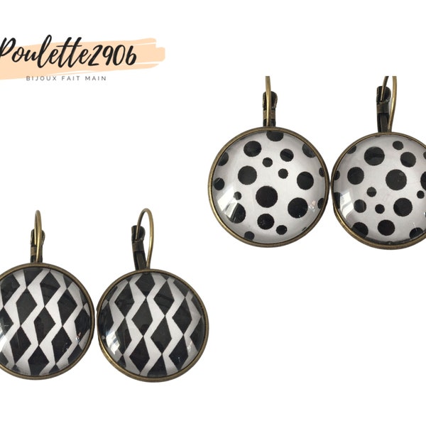 Noir et Blanc - Boucles d'oreilles dormeuses bronze cabochon verre 20mm