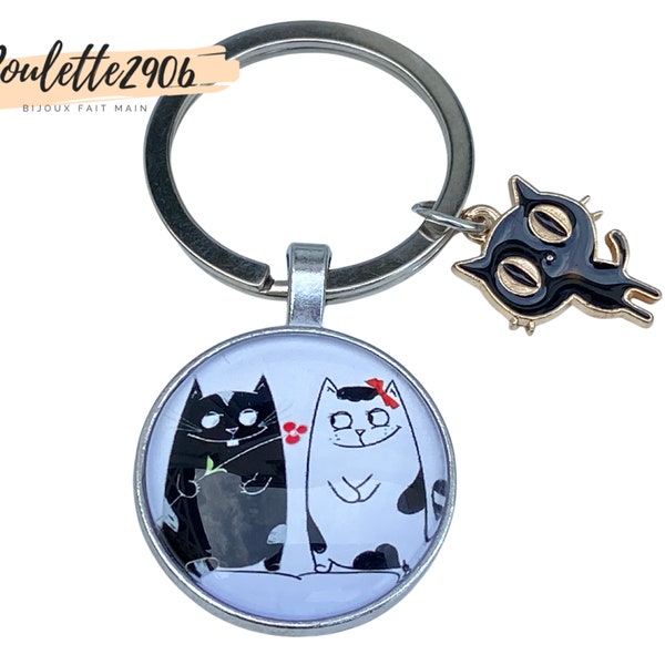 Chat - Porte clés rond cabochon verre de 25mm