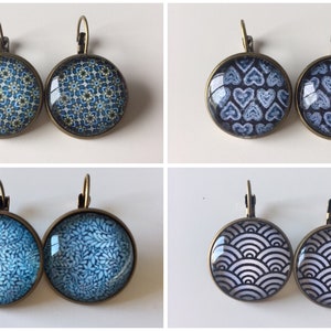 Blue - Bronze sleeper earrings with glass cabochon 20mm
