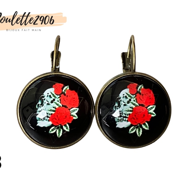 Tête de mort - Boucles d'oreilles dormeuses bronze cabochon verre 20mm