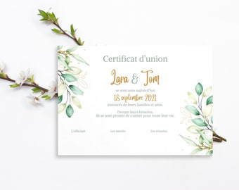 Certificat d'union laïque mariage numérique imprimable thème feuillage vert et or