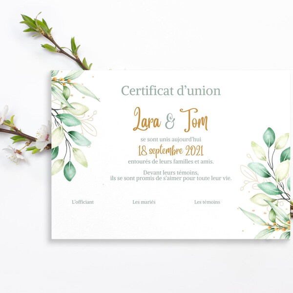 Certificat d'union laïque mariage numérique imprimable thème feuillage vert et or