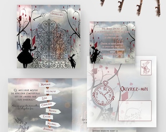 Personalized Alice in Wonderland wedding invitation — fairy tale theme — square format — digital PDF file