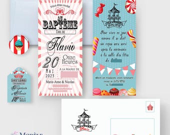 Personalized carnival-themed christening invitation — retro circus — DL format — digital PDF file
