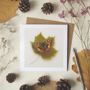 Tortoiseshell Butterfly on a Sycamore Leaf Greetings Card, Pressed Leaf Nature Painting. Blank Fine Art Card. Biodegradable Wrapping. image 1