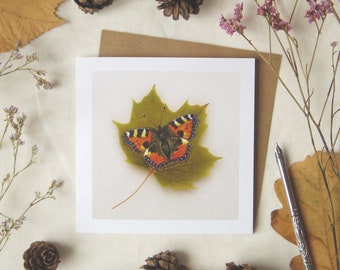 Tortoiseshell Butterfly on a Sycamore Leaf Greetings Card, Pressed Leaf Nature Painting. Blank Fine Art Card. Biodegradable Wrapping.