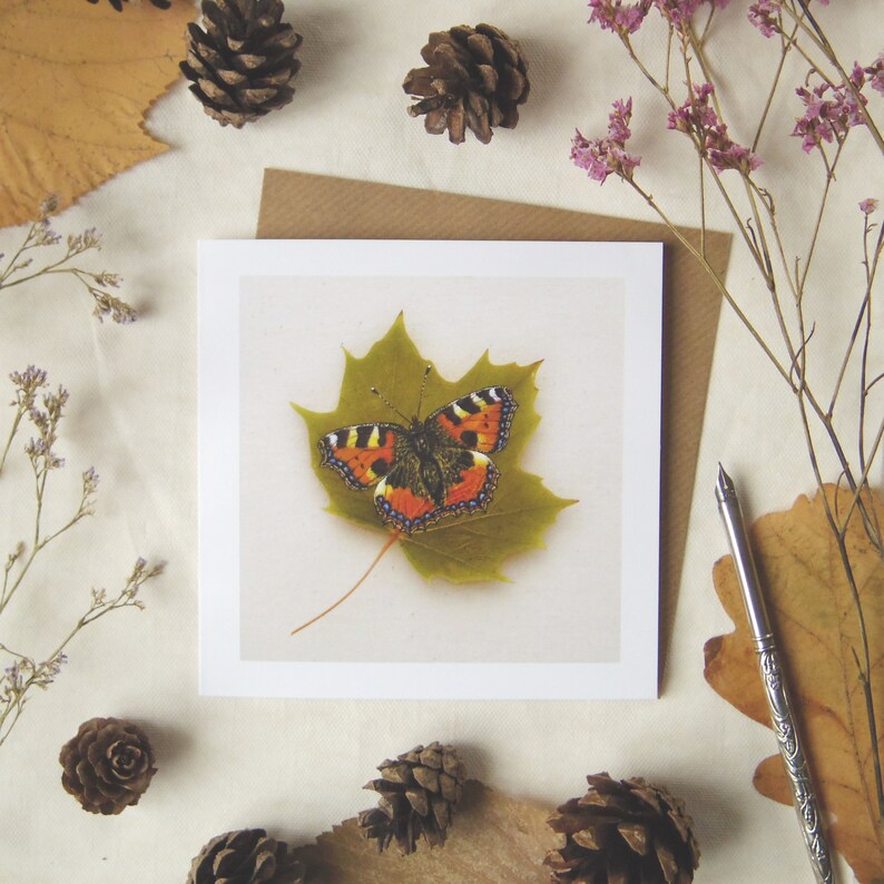 Tortoiseshell Butterfly on a Sycamore Leaf Greetings Card, Pressed Leaf Nature Painting. Blank Fine Art Card. Biodegradable Wrapping. image 1