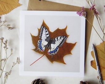 Swallowtail Butterfly on a Sycamore Leaf Greetings Card, Pressed Leaf Nature Painting. Blank Fine Art Card. Biodegradable Wrapping.