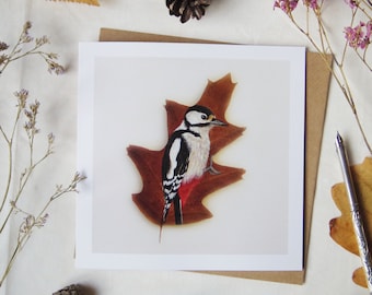 Great Spotted Woodpecker on an Oak Leaf Greetings Card, Pressed Leaf Nature Painting. Blank Fine Art Card. Biodegradable Wrapping.