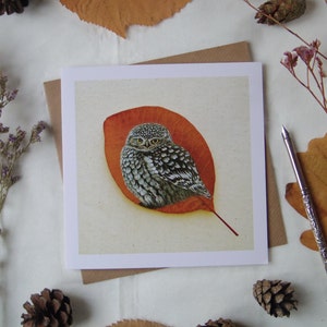 Little Owl on a Smokebush Leaf Greetings Card, Blank Fine Art Card, Pressed Leaf Nature Painting image 1