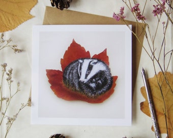 Foraging Badger Greetings Card, Pressed Leaf Nature Painting. Blank Fine Art Card. Biodegradable Wrapping.