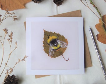 Bumblebee on a Birch Leaf Greetings Card, Pressed Leaf Nature Painting, Blank Fine Art Card, Biodegradable Wrapping