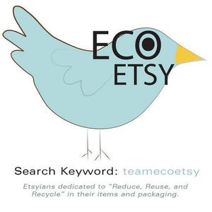 May include: A light blue cartoon bird with the words "ECO ETSY" in black. The bird has a yellow beak and thin black legs. Below the bird is the text "Search Keyword: teamecoetsy".