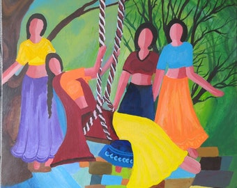 Rajasthani traditionell | Dorf Folklore Frauen Gemälde | Gujarati Malerei, Indischer Kunstdruck, Sindhi Kunst, ORIGINAL Acrylmalerei| Handgefertigt