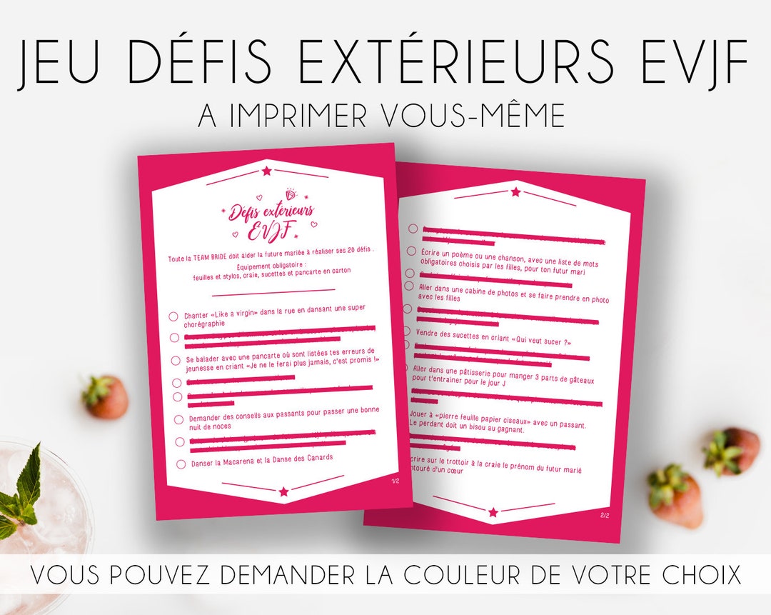 Jeu Défis extérieurs Enterrement de vie de Jeune Fille à imprimer soi