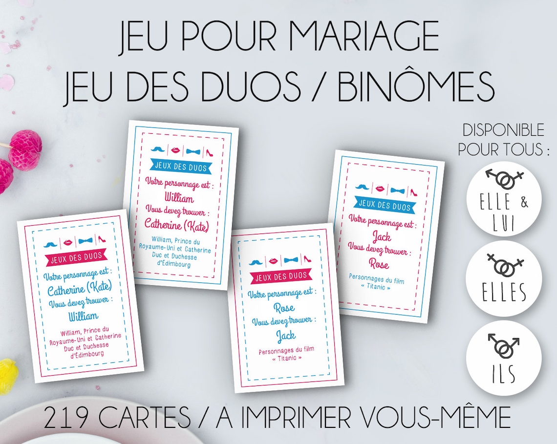 Jeu Mariage - Jeu des Duos - Jeu des Binômes - Animation de mariage - à