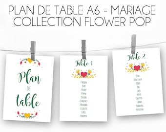 Plan de table personnalisable - Format A6 - Mariage - Collection Flower Pop