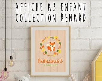 Affiche enfant cadeau naissance ou anniversaire - Affiche décoration chambre bébé et enfant - Format A3 - Collection Renard