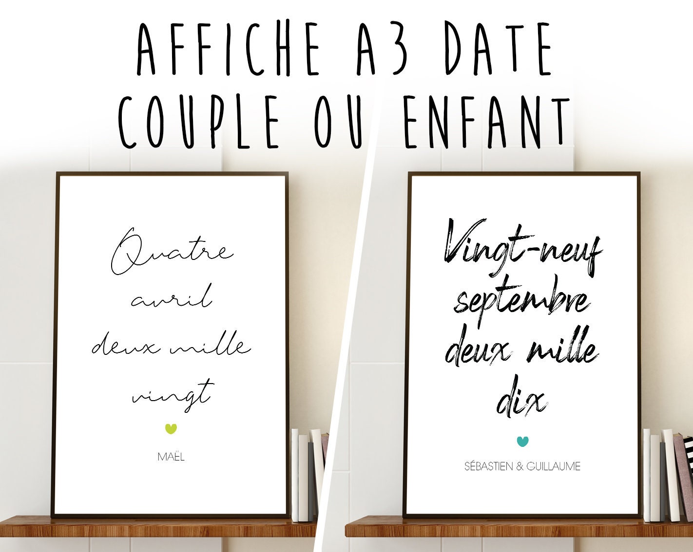 Affiche Dates - Affiche Enfant Cadeau Naissance ou Anniversaire Couple St-Valentin Mariage Format A3
