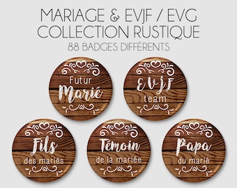 Badge - Mariage - Collection Rustique / Champêtre / Bois / Shabby Chic - à l'unité