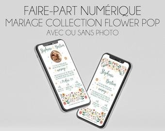 Faire-part Numérique - Mariage - Collection Flower Pop - Avec ou sans photo