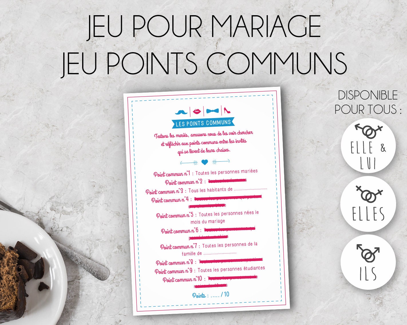 Jeu Mariage Les Points Communs Animation de table mariage à imprimer vous  même -  France
