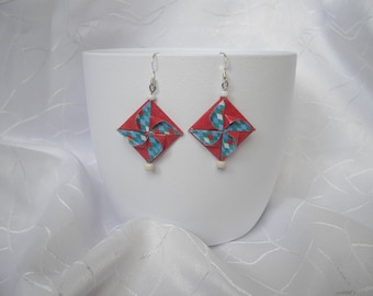 Earrings diamond Harlequin "Windmill" origami, paper and beads, Carnival