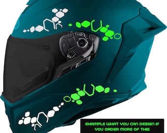 Könnte beinhalten: Ein petrolfarbener Integral-Motorradhelm mit dunkel getöntem Visier und weißen sowie lindgrünen sechseckigen Aufklebern in einem verstreuten Muster. Ein schwarzer Kasten enthält den Text: EXAMPLE WHAT YOU CAN DESIGN IF YOU ORDER MORE OF THIS DECALS.