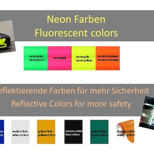 Puede incluir: Una diapositiva de presentaci&oacute;n con el t&iacute;tulo "Neon Farben" y "Fluorescent colors" en ingl&eacute;s y alem&aacute;n. La diapositiva muestra muestras de colores ne&oacute;n verde, rosa, amarillo y naranja. La diapositiva tambi&eacute;n muestra muestras de colores reflectantes azul, blanco, amarillo, negro, verde y naranja. El texto "Reflektierende Farben f&uuml;r mehr Sicherheit" y "Reflective Colors for more safety" se muestra en alem&aacute;n e ingl&eacute;s.