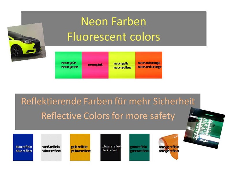 Puede incluir: Una diapositiva de presentaci&oacute;n con el t&iacute;tulo "Neon Farben" y "Fluorescent colors" en ingl&eacute;s y alem&aacute;n. La diapositiva muestra muestras de colores ne&oacute;n verde, rosa, amarillo y naranja. La diapositiva tambi&eacute;n muestra muestras de colores reflectantes azul, blanco, amarillo, negro, verde y naranja. El texto "Reflektierende Farben f&uuml;r mehr Sicherheit" y "Reflective Colors for more safety" se muestra en alem&aacute;n e ingl&eacute;s.
