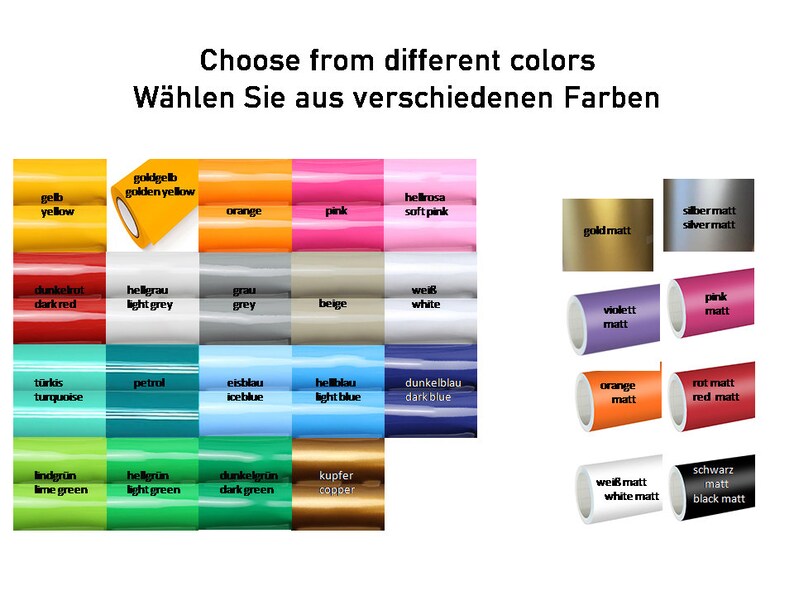 Puede incluir: Una tabla de muestras de colores con los nombres de cada color en ingl&eacute;s y alem&aacute;n. Los colores incluyen amarillo, naranja, rosa, rosa claro, plata, oro, rojo oscuro, gris claro, gris, beige, blanco, rosa, violeta, turquesa, petr&oacute;leo, azul hielo, azul claro, azul oscuro, naranja, rojo, verde lima, verde claro, verde oscuro y cobre.