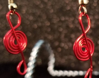 Red Treble Clef Wire Wrapped Earrings,  Christmas, Caroling, Choir, Music