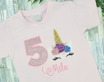 T-shirt licorne personnalisé pour enfants | T-shirt brodé anniversaire | T-shirt anniversaire fille 1er, 2ème, 3ème 4ème, 5ème anniversaire