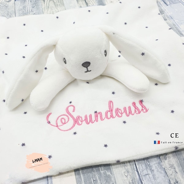 Doudou personnalisé lapin brodé blanc | Peluche personnalisé brodée lapin fille & garçon CE | doudou lapin brodé blanc au prénom de l'enfant