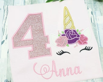 Customized pink unicorn t-shirt | Embroidered kids birthday t-shirt | Girl birthday t-shirt 1st, 2nd, 3rd, 4th, 5th birthday