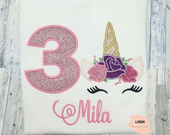 Customized pink unicorn t-shirt | Embroidered kids birthday t-shirt | Girl birthday t-shirt 1st, 2nd, 3rd, 4th, 5th birthday