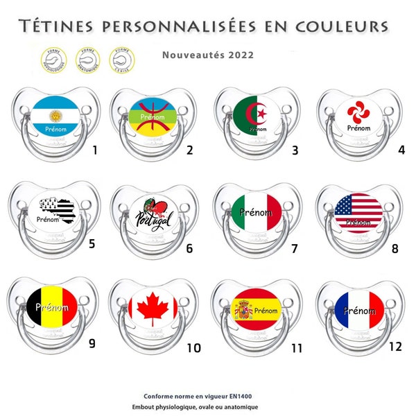 Tétine bébé personnalisée / sucette personnalisable drapeaux pays avec le prénom de l'enfant/bébé