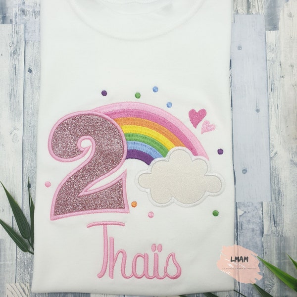 T-shirt personnalisé arc en ciel fille | T-shirt anniversaire fille 1er anniversaire, 2eme, 3ème, 4ème, 5ème | T-shirt brodé arc en ciel