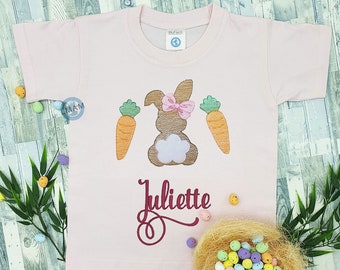 T-shirt personnalisé lapin de Pâques | T-shirt lapin brodé, carottes | T-shirt blanc ou rose |T shirt au prénom de l'enfant