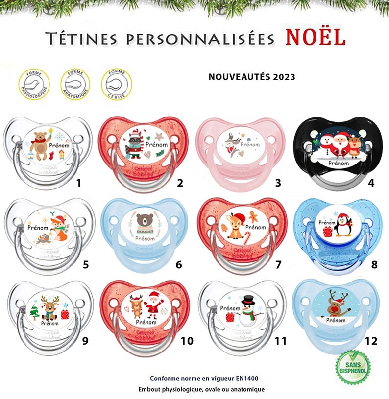 Tétines personnalisées noël -  Pêre Noël - Bonhomme de neige - Renne de noël -