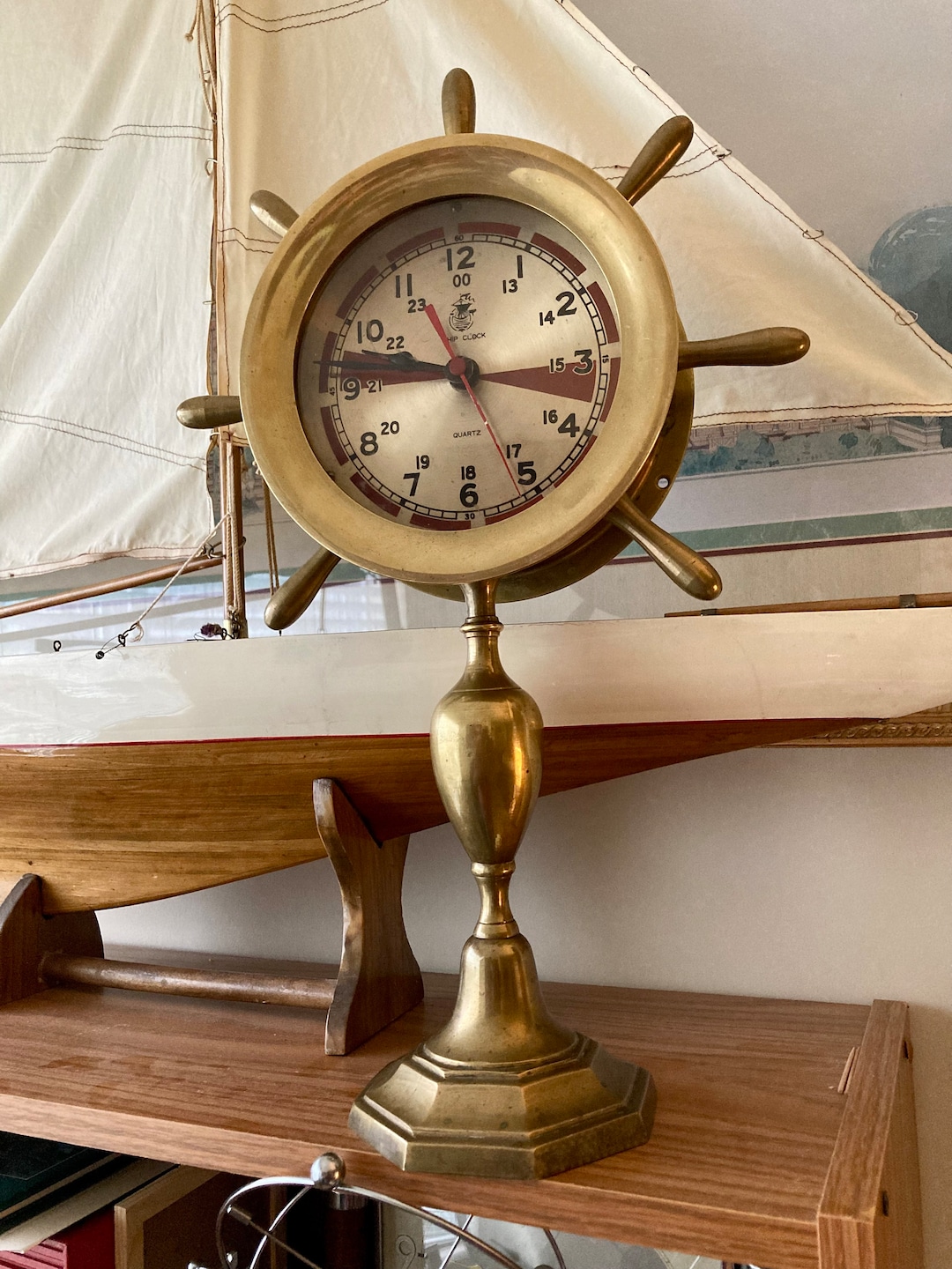 Large Brass Ships Wheel Clock Etsy